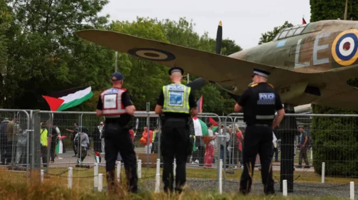 Pro-Palestine protesters rally outside RAF Base